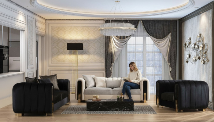Ensemble de canapé moderne 2x trois places + fauteuil Meubles rembourrés en acier inoxydable Ensemble de 3 pièces
