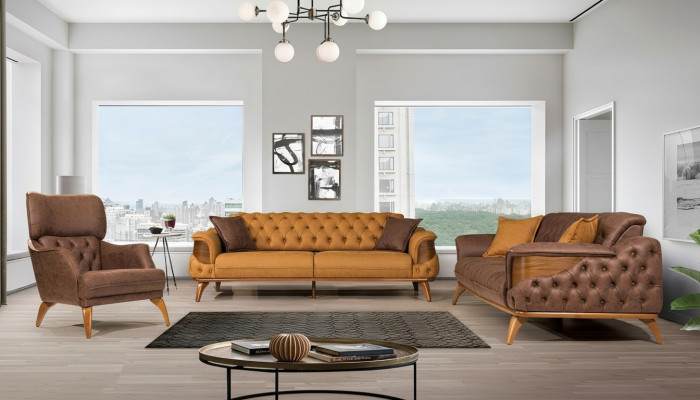 Groupe de sièges Chesterfield, ensemble de canapé de luxe trois places fauteuil 3 pièces