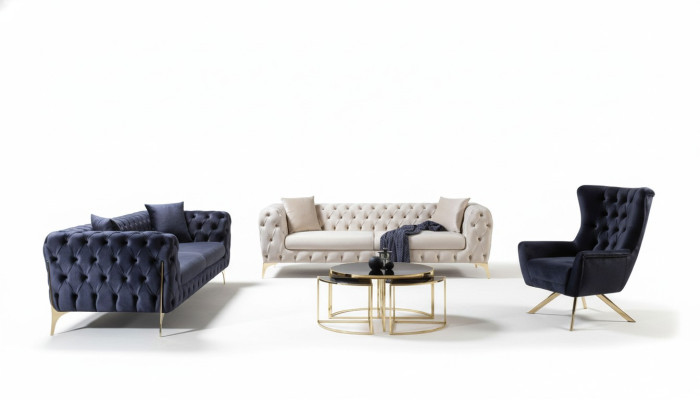 Canapé Chesterfield bleu trois places fauteuil fauteuil luxe ensemble 3 pièces 3+3+1