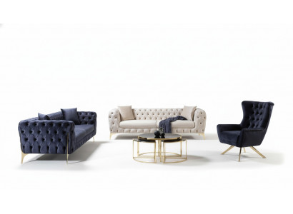 Canapé Chesterfield bleu trois places fauteuil fauteuil luxe ensemble 3 pièces 3+3+1