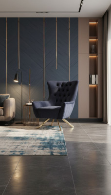 Fauteuil Chesterfield Wing Chair Tissu Bleu Salon Polyester Monoplace