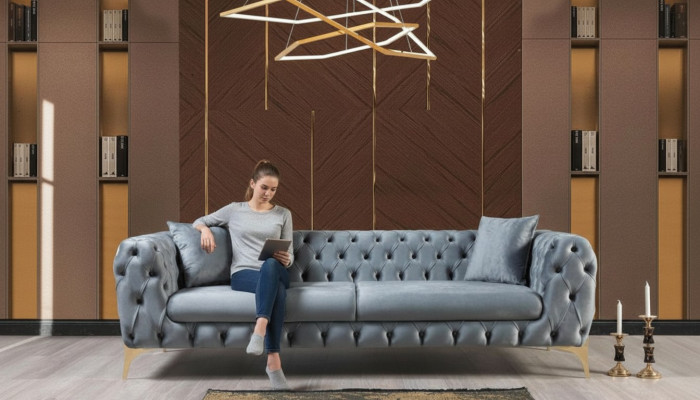 Meubles de salon Chesterfield modernes trois places en acier inoxydable en polyester.