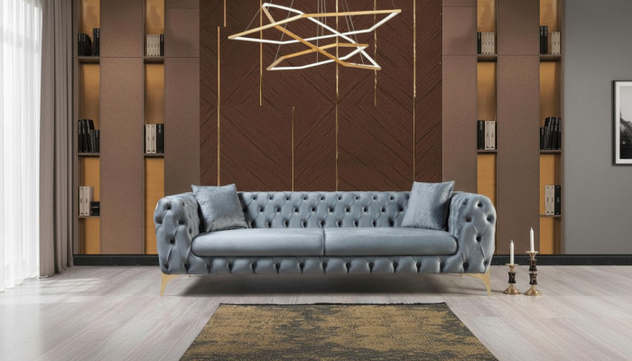 Meubles de salon Chesterfield modernes trois places en acier inoxydable en polyester.