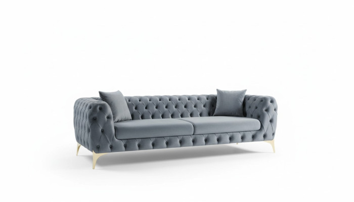 Meubles de salon Chesterfield modernes trois places en acier inoxydable en polyester.