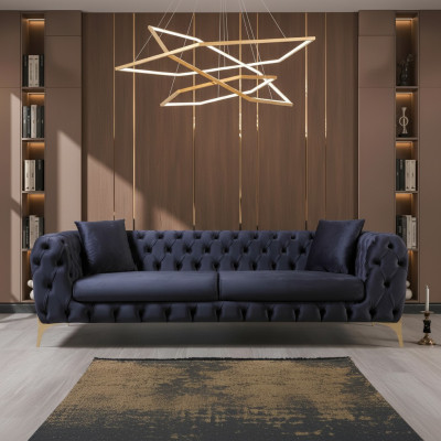 Canapé de luxe trois places Chesterfield pieds en acier inoxydable bleu nouveau designer.