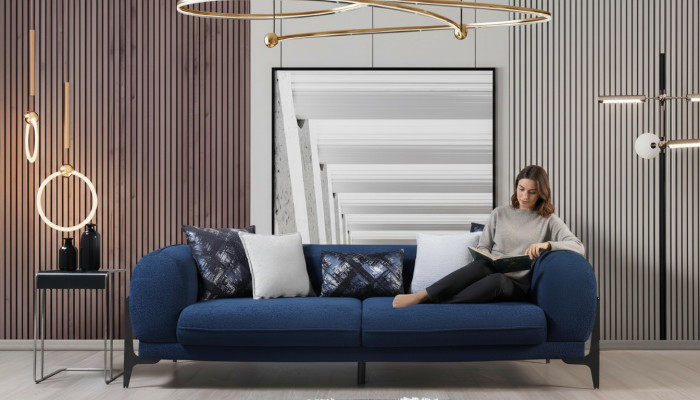 Bleu, troix places, canapé de luxe, canapé moderne, mobilier de salon en acier inoxydable.
