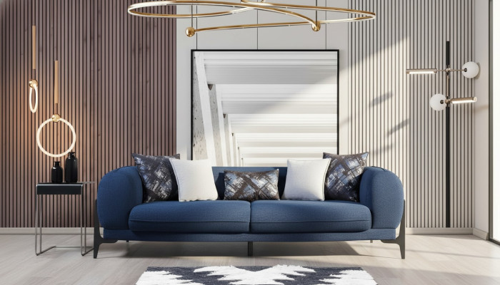 Bleu, troix places, canapé de luxe, canapé moderne, mobilier de salon en acier inoxydable.