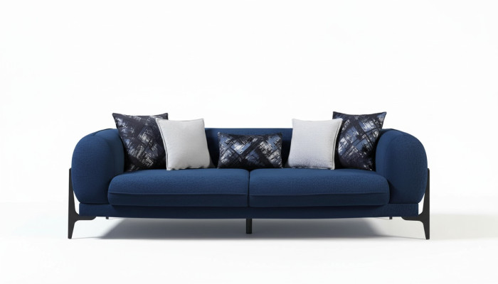 Bleu, troix places, canapé de luxe, canapé moderne, mobilier de salon en acier inoxydable.
