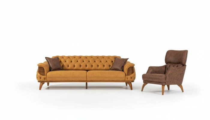 Ensemble de canapés Chesterfield moderne composé de trois canapés-lits de luxe et d'un fauteuil jaune de deux pièces.