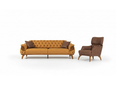 Ensemble de canapés Chesterfield moderne composé de trois canapés-lits de luxe et d'un fauteuil jaune de deux pièces.