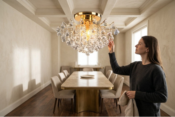 Lustre décoratif doré de luxe avec cristaux.
