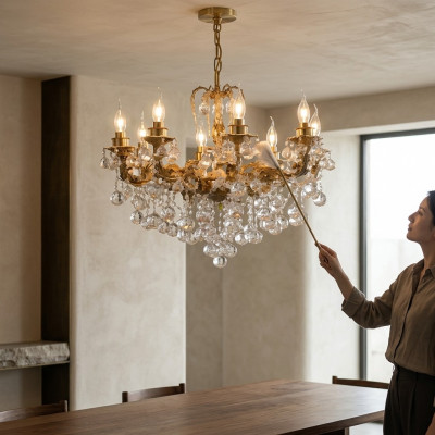 Lustre de luxe plafonnier à pampilles en cristal d'art doré