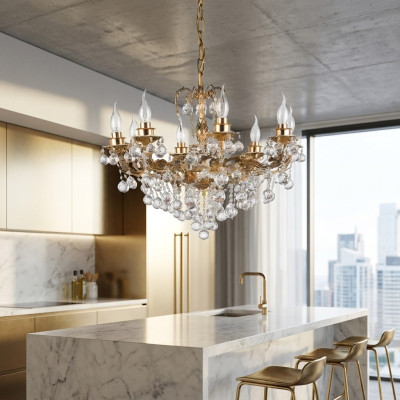 Lustre de luxe plafonnier à pampilles en cristal d'art doré