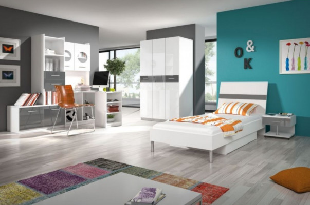 Chambre d'enfants grise Lit simple complet Armoire Commode Chambre de jeunesse de 5 pièces