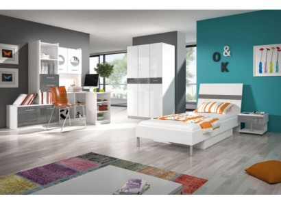 Chambre d'enfants grise Lit simple complet Armoire Commode Chambre de jeunesse de 5 pièces