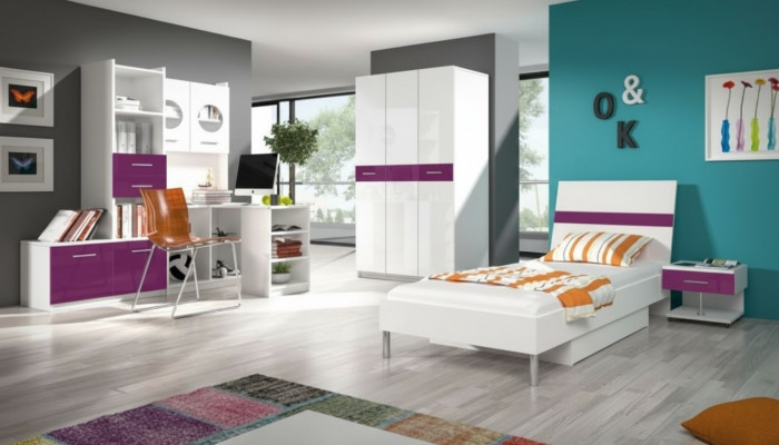 Chambre de jeunes violette Ensemble de chambre moderne avec armoire et table 5 pièces.