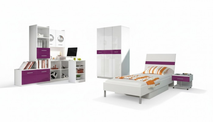 Chambre de jeunes violette Ensemble de chambre moderne avec armoire et table 5 pièces.