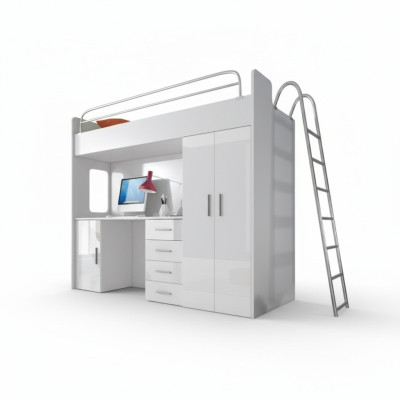 Lit superposé double blanc Lit superposé en bois pour filles Bureau brillant Armoire nouvel