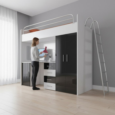 Lits superposés doubles noirs en bois Lit superposé filles Bureau brillant Armoire