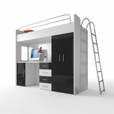 Lits superposés doubles noirs en bois Lit superposé filles Bureau brillant Armoire