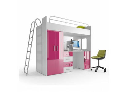 Lit superposé double rose en bois Lits superposés pour filles avec bureau brillant et armoire