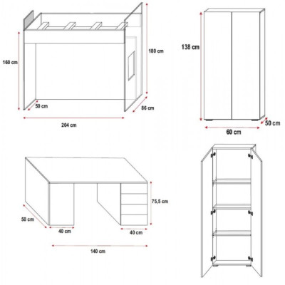 Lits superposés doubles bleus en bois, lits superposés pour filles avec bureau et armoire laquée brillante