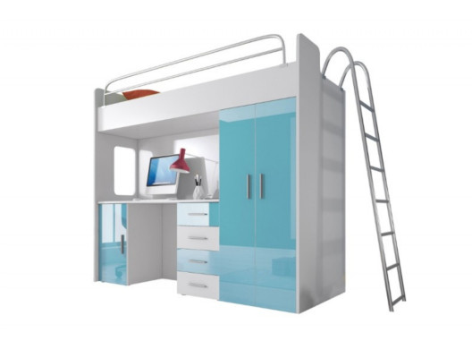 Lits superposés doubles bleus en bois, lits superposés pour filles avec bureau et armoire laquée brillante