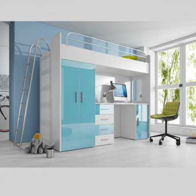 Lits superposés doubles bleus en bois, lits superposés pour filles avec bureau et armoire laquée brillante