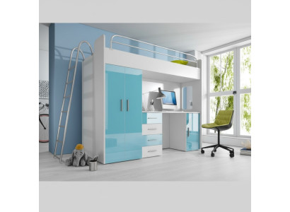 Lits superposés doubles bleus en bois, lits superposés pour filles avec bureau et armoire laquée brillante