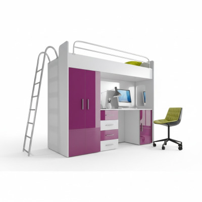 Lit superposé double violet en bois Lit superposé filles Laqué avec bureau Armoire