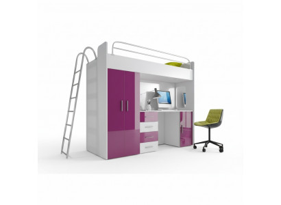 Lit superposé double violet en bois Lit superposé filles Laqué avec bureau Armoire