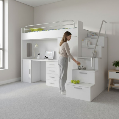 Chambre d'enfants Lit superposé double Blanc Table Armoire Lit superposé multifonctionnels loft