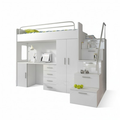Chambre d'enfants Lit superposé double Blanc Table Armoire Lit superposé multifonctionnels loft