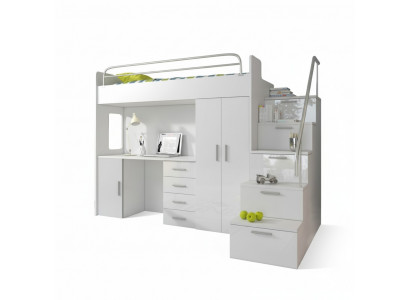 Chambre d'enfants Lit superposé double Blanc Table Armoire Lit superposé multifonctionnels loft