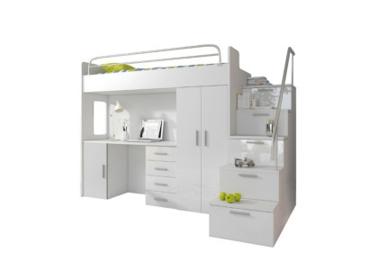 Chambre d'enfants Lit superposé double Blanc Table Armoire Lit superposé multifonctionnels loft