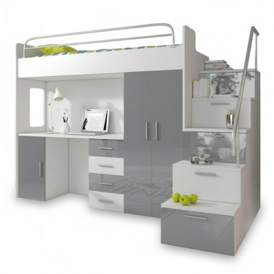 Lit superposé double Table grise Armoire Lit mezzanine multifonction Chambre d'enfants