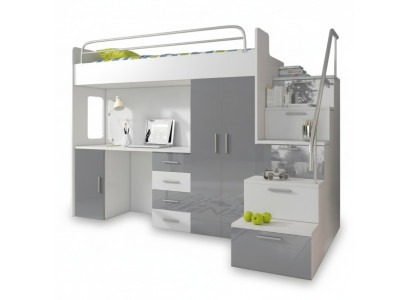 Lit superposé double Table grise Armoire Lit mezzanine multifonction Chambre d'enfants