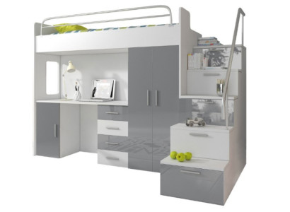 Lit superposé double Table grise Armoire Lit mezzanine multifonction Chambre d'enfants