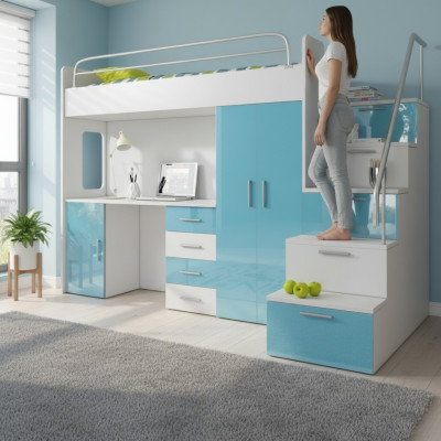 Lit superposé double Lit superposé Lit Lit d'enfants Lit de jeunes Lit mezzanine Bleu Chambre d'enfants