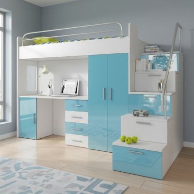 Lit superposé double Lit superposé Lit Lit d'enfants Lit de jeunes Lit mezzanine Bleu Chambre d'enfants