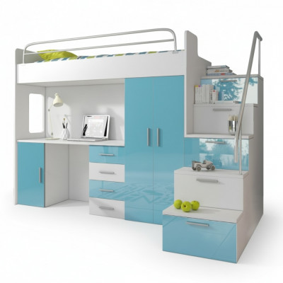 Lit superposé double Lit superposé Lit Lit d'enfants Lit de jeunes Lit mezzanine Bleu Chambre d'enfants
