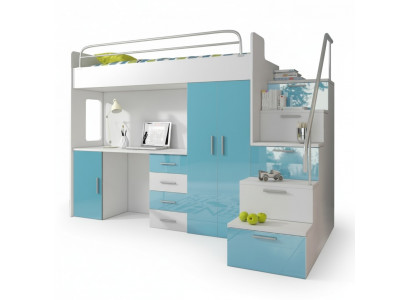 Lit superposé double Lit superposé Lit Lit d'enfants Lit de jeunes Lit mezzanine Bleu Chambre d'enfants