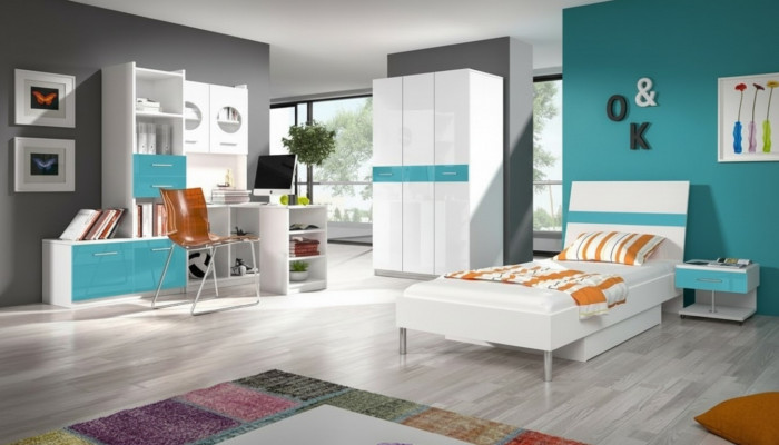 Chambre d'enfants Turquoise Armoire Moderne Commode Table en Bois Chambre à Coucher Jeunesse 5 pièces
