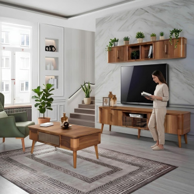 Meuble TV Buffet Cuir Bois Table Télévision Armoire Bas 2 pièces. Ensemble neuf
