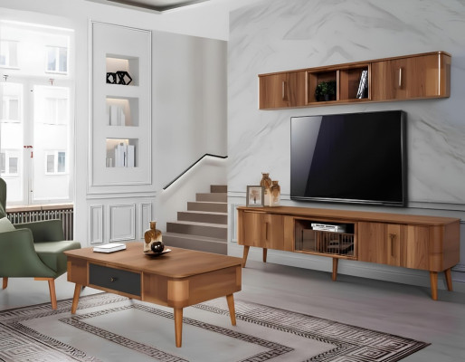 Meuble TV Buffet Cuir Bois Table Télévision Armoire Bas 2 pièces. Ensemble neuf