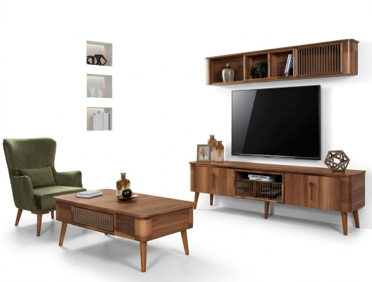 Meuble TV Buffet Cuir Bois Table Télévision Armoire Bas 2 pièces. Ensemble neuf