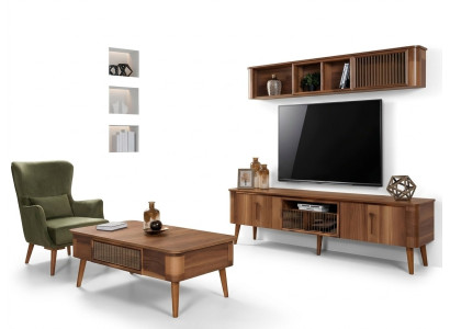 Meuble TV Buffet Cuir Bois Table Télévision Armoire Bas 2 pièces. Ensemble neuf