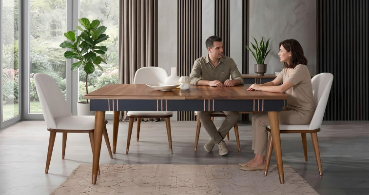Table Salle à manger Ensemble Table de salle à manger Chaise Set 5 pièces. Textile Bois Chaises inclinables Mobilier