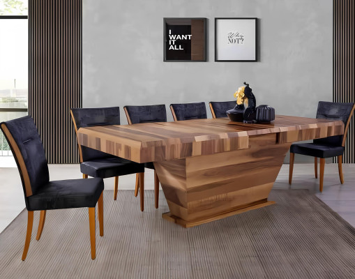 Ensemble de table + 6 chaises, Suite rembourrée, Ensemble de salle à manger en bois design neuf de 7 pièces.
