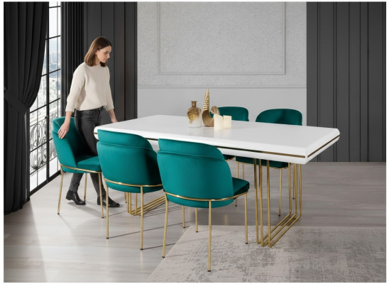 Table à manger de luxe Table Salle à manger Tables Design Métal Table de cuisine Blanc Or Bois